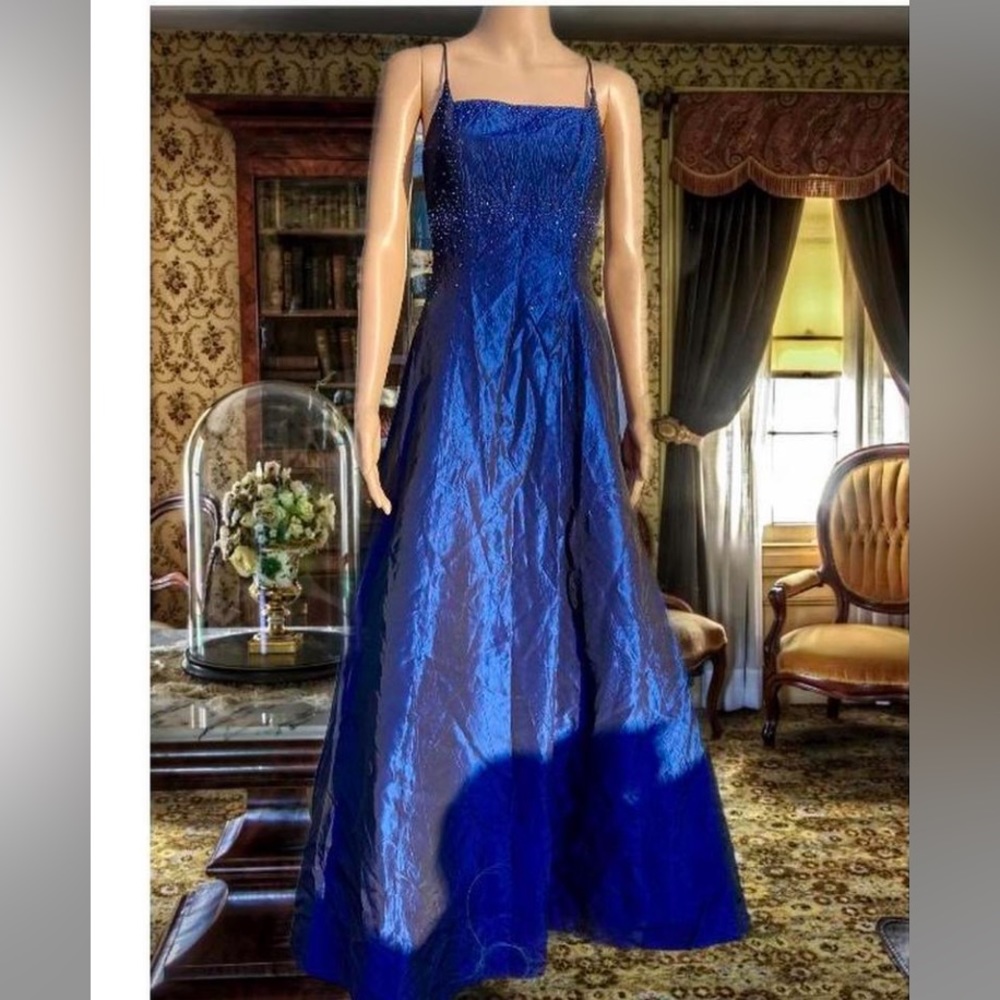 Vintage 90s Navy Blue Corset Back Ballgown Prom Dress